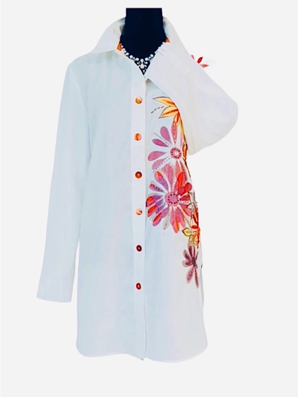 BEREK ~ White Long Sleeve Shirt/Shirt Dress w/Orange/Purple Embroidery Sequins